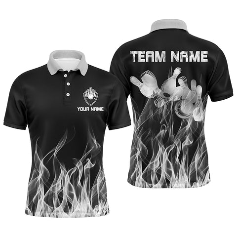 Personalized Men polo Bowling Shirt white Flame Bowling Ball and Pins bowling jerseys for men Bowler NQS6821