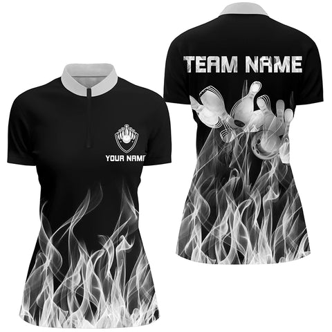 White flame Bowling Quarter-Zip Shirt Women black Bowling Jerseys Personalized Bowling Team Shirts NQS6821