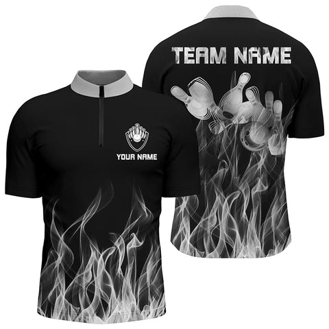 Personalized Men Quarter Zip Bowling Shirt White Flame Bowling Ball & Pins bowling jerseys for Bowler NQS6821
