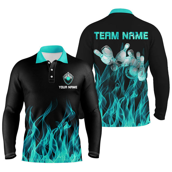 Personalized Men polo Bowling Shirt Turquoise Flame Bowling Ball Pins bowling jerseys for men Bowler NQS6822