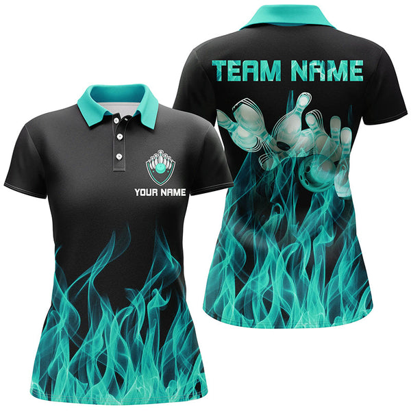 Turquoise flame Womens bowling polo shirt black Bowling Jerseys Personalized Bowling Team Shirts NQS6822