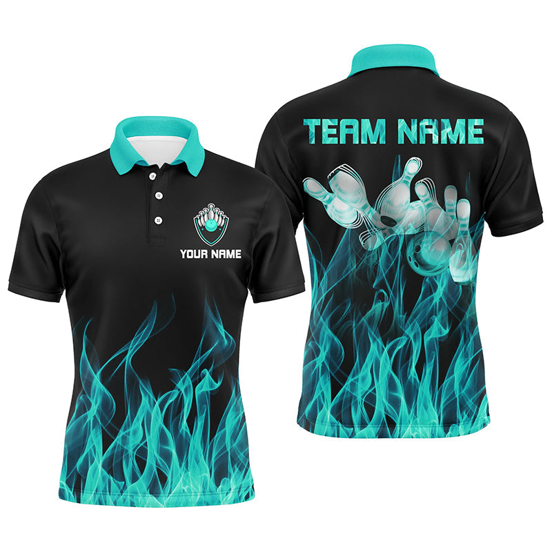 Personalized Men polo Bowling Shirt Turquoise Flame Bowling Ball Pins bowling jerseys for men Bowler NQS6822