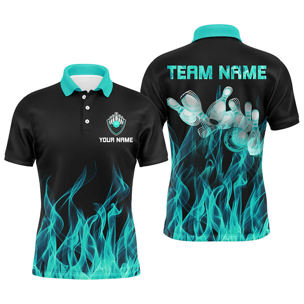 Personalized Men polo Bowling Shirt Turquoise Flame Bowling Ball Pins bowling jerseys for men Bowler NQS6822