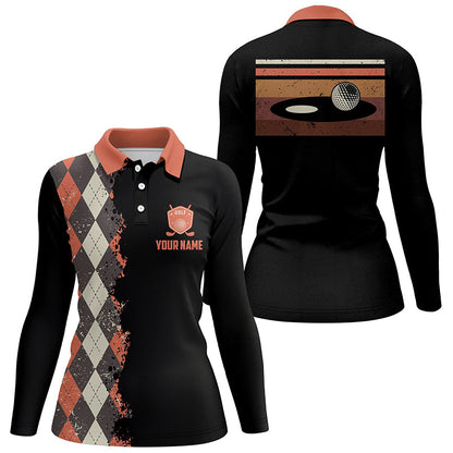 Vintage argyle plaid pattern black custom Womens golf polo shirt, golf tops for ladies NQS6825