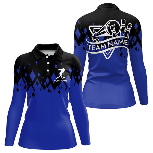 Personalized Black and Blue Bowling Polo, Quarter Zip Shirts For Women Custom Bowling Team Jerseys NQS9153