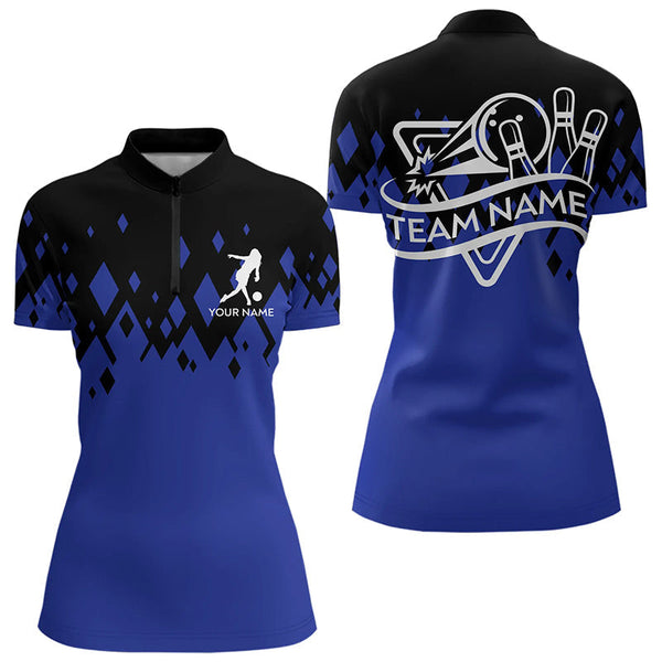 Personalized Black and Blue Bowling Polo, Quarter Zip Shirts For Women Custom Bowling Team Jerseys NQS9153