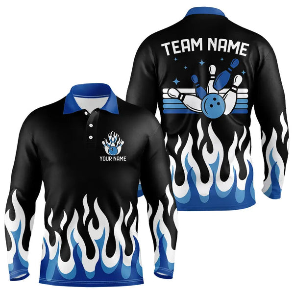Black and Blue Flame Retro Bowling Polo, Quarter Zip Shirt for Men Custom Bowling Team Jerseys NQS9155