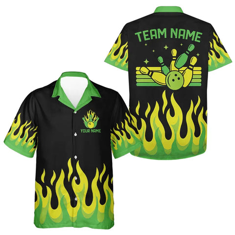 Black and Green Flame Retro Bowling Hawaiian Shirt Custom Team Bowling button up shirts NQS9156