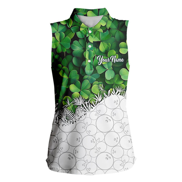 Women Sleeveless Polos custom Green clover white bowling camo St Patrick Day Bowling attire for ladies NQS9501