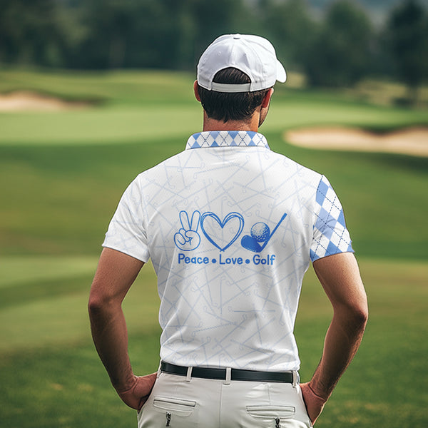 Blue argyle pattern Mens golf polo shirts custom peace love golf team jerseys, golf attire for men NQS9506