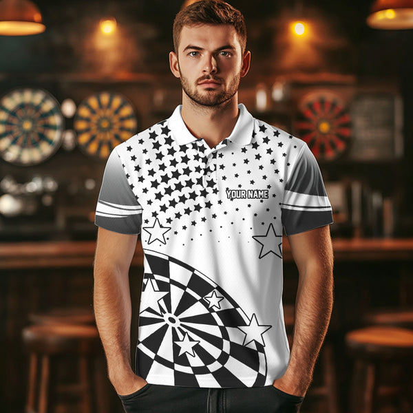 Personalized Black and White Stars Darts Polo, Quarter Zip Shirt For Men Custom Dart Team Jerseys NQS9511