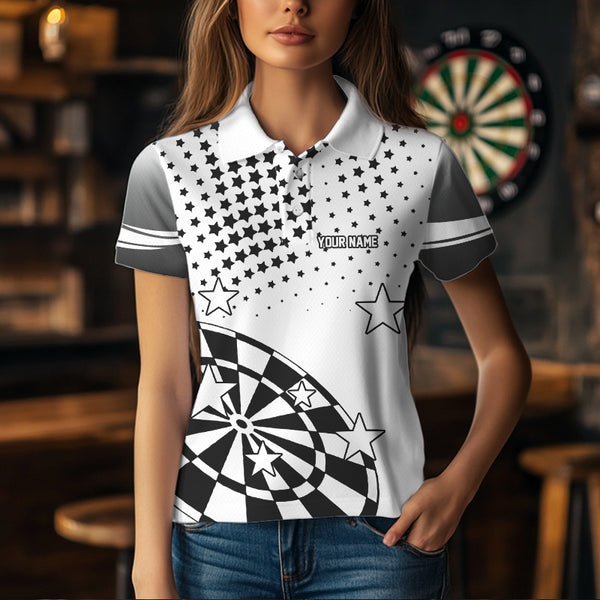 Personalized Black and White Stars Darts Polo, Quarter Zip Shirt For Women Custom Dart Team Jerseys NQS9511