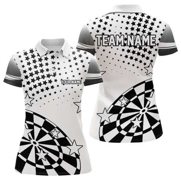 Personalized Black and White Stars Darts Polo, Quarter Zip Shirt For Women Custom Dart Team Jerseys NQS9511