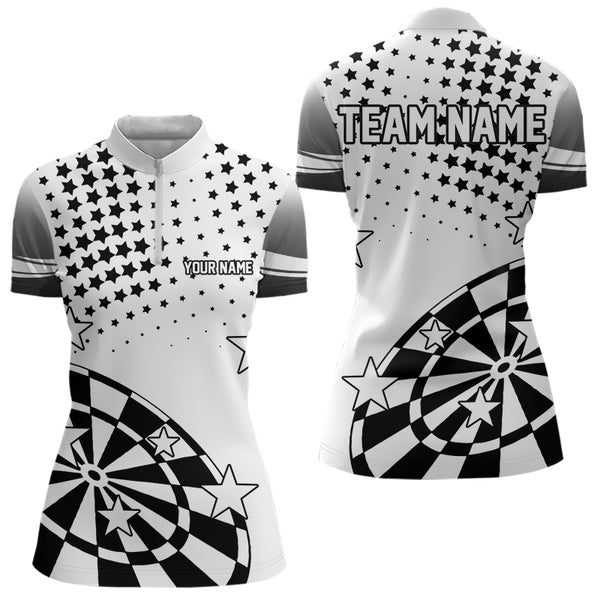 Personalized Black and White Stars Darts Polo, Quarter Zip Shirt For Women Custom Dart Team Jerseys NQS9511