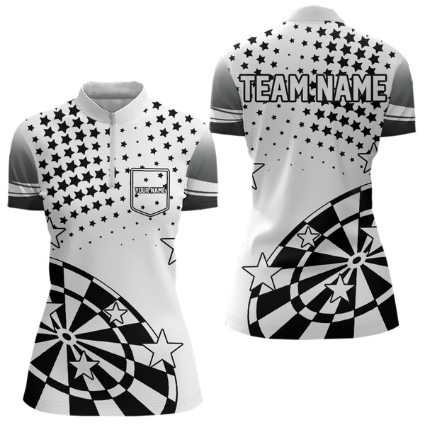 Personalized Black and White Stars Darts Polo, Quarter Zip Shirt For Women Custom Dart Team Jerseys NQS9511