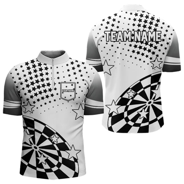 Personalized Black and White Stars Darts Polo, Quarter Zip Shirt For Men Custom Dart Team Jerseys NQS9511