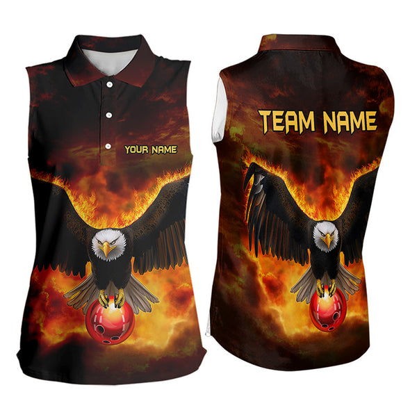 Personalized Flame Eagle Custom Bowling Sleeveless Polo Shirt, Fire Eagle Bowling League Jersey NQS9512