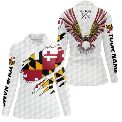 Personalized Maryland flag patriot Eagle golf white Women golf polo shirts custom golf gift for ladies NQS7278