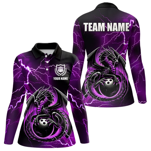 Personalized Black And Purple Thunder Lightning Dragon Bowling Shirts For Women, Bowling Team Uniform NQS9666