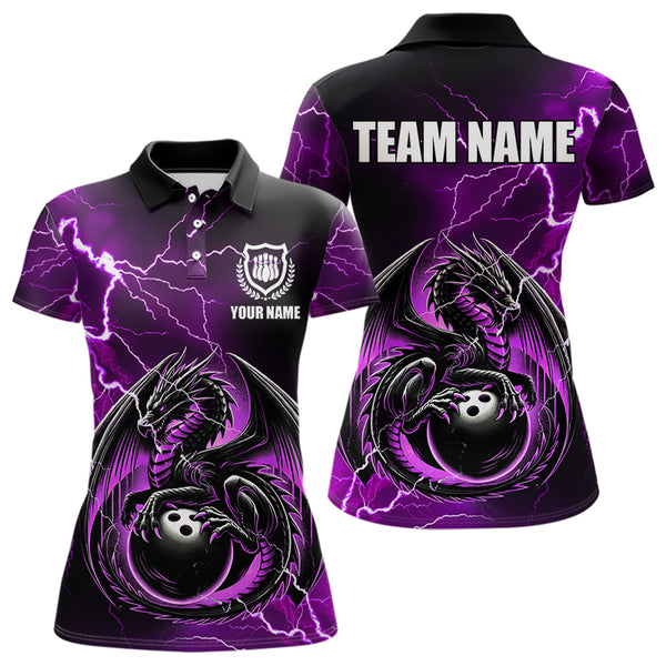 Personalized Black And Purple Thunder Lightning Dragon Bowling Shirts For Women, Bowling Team Uniform NQS9666