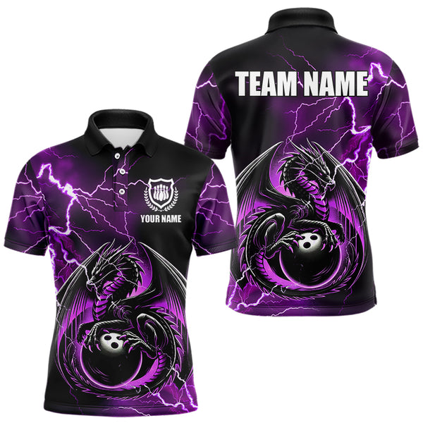 Personalized Black And Purple Thunder Lightning Dragon Bowling Shirts For Men, Bowling Team Uniform NQS9666