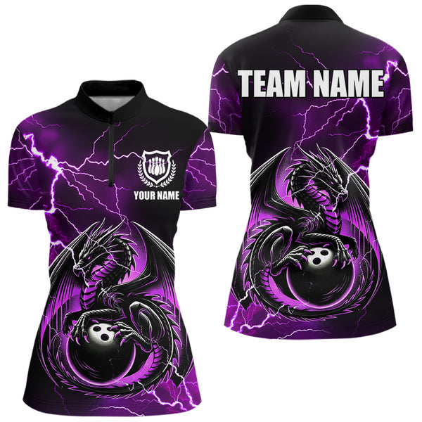 Personalized Black And Purple Thunder Lightning Dragon Bowling Shirts For Women, Bowling Team Uniform NQS9666