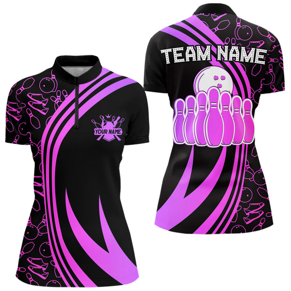 Black Women bowling shirts Custom Pink neon team league bowling jerseys, gifts for bowlers NQS9668