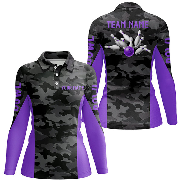 Women bowling Polo, Quarter Zip shirts Custom gray camo Bowling Team League Jerseys | Purple NQS7606