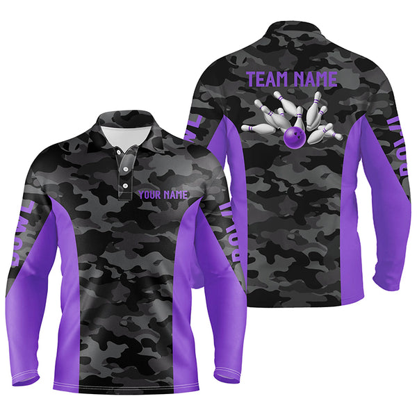 Men bowling Polo, Quarter Zip shirts Custom gray camo Bowling Team League Jerseys | Purple NQS7606