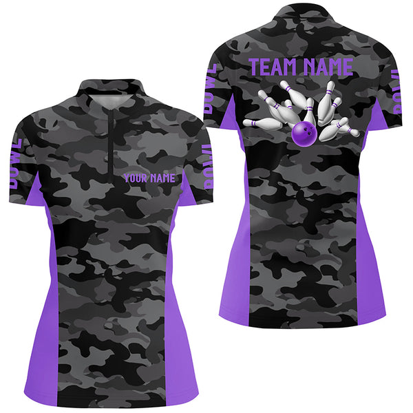 Women bowling Polo, Quarter Zip shirts Custom gray camo Bowling Team League Jerseys | Purple NQS7606
