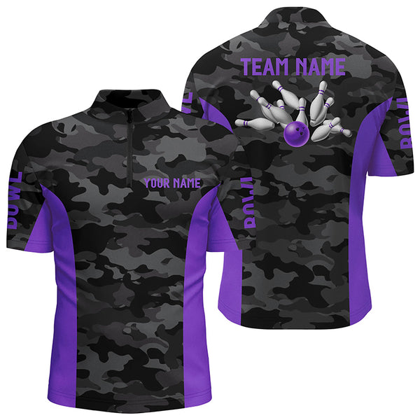 Men bowling Polo, Quarter Zip shirts Custom gray camo Bowling Team League Jerseys | Purple NQS7606