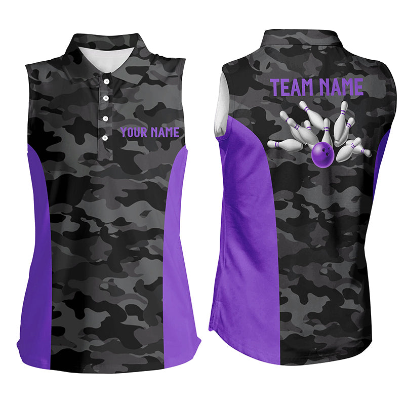 Women sleeveless polo shirts Custom gray camo Bowling Team Jersey, Bowling Team League Shirt | Purple NQS7606
