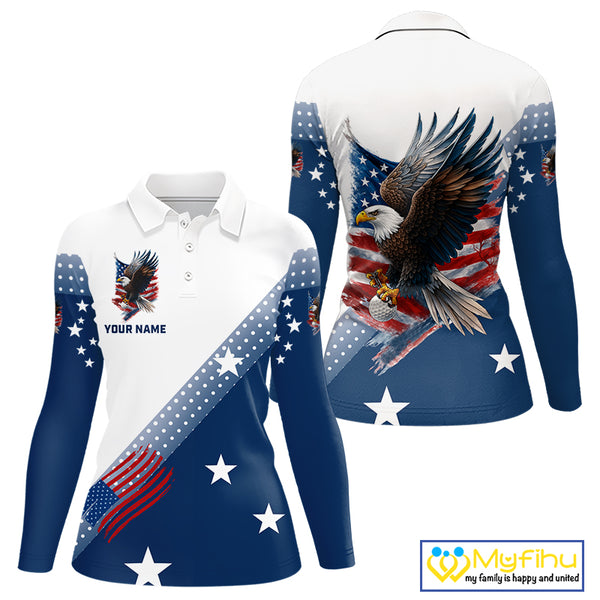 Red, White and Blue American Flag Eagle Custom Women golf polo shirt, patriotic ladies golf outfit NQS10104