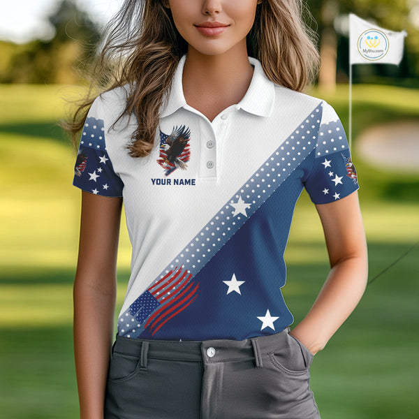 Red, White and Blue American Flag Eagle Custom Women golf polo shirt, patriotic ladies golf outfit NQS10104