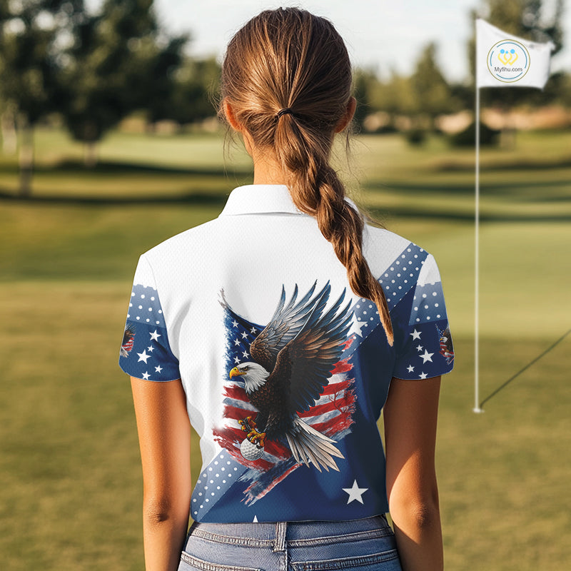 Red, White and Blue American Flag Eagle Custom Women golf polo shirt, patriotic ladies golf outfit NQS10104