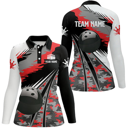 Womens bowling polo shirts Custom black ball red camo Bowling Team Jersey, gift for Bowlers NQS6571