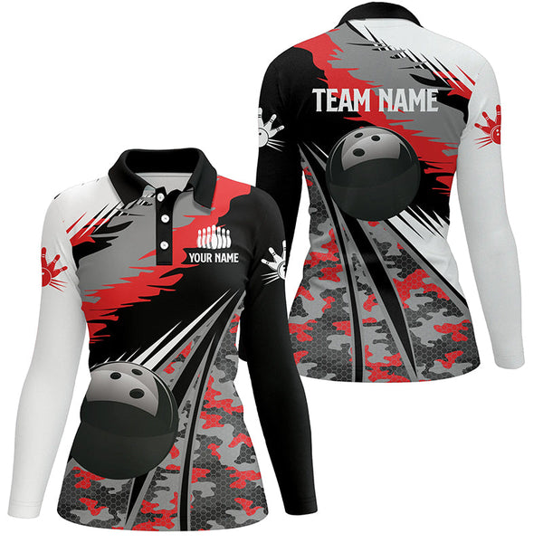 Womens bowling polo shirts Custom black ball red camo Bowling Team Jersey, gift for Bowlers NQS6571