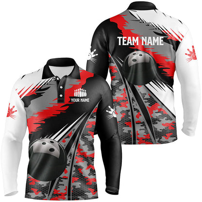 Mens polo bowling shirts Custom black ball red camo Bowling Team Jersey, gift for Bowlers NQS6571