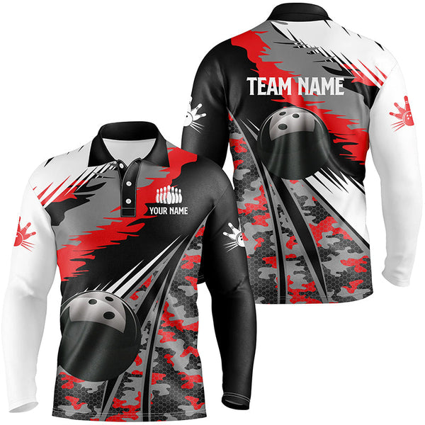 Mens polo bowling shirts Custom black ball red camo Bowling Team Jersey, gift for Bowlers NQS6571