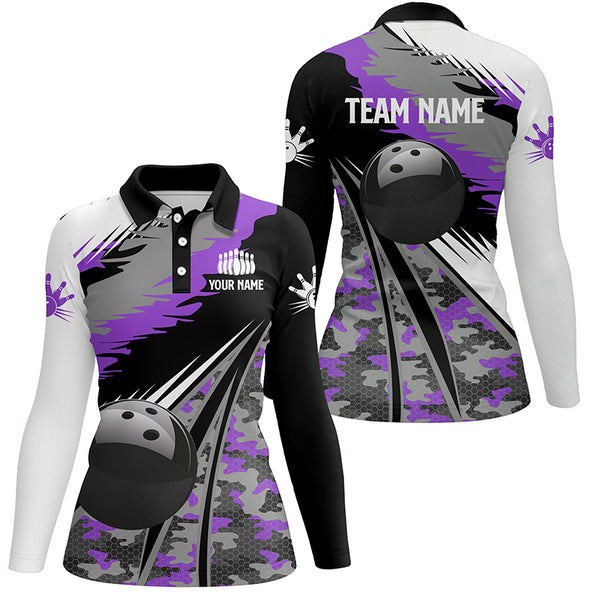 Womens bowling polo shirts Custom black ball purple camo Bowling Team Jersey, gift for Bowlers NQS6572