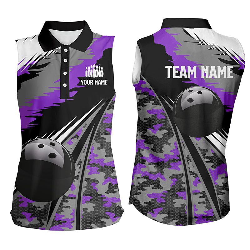 Women bowling sleeveless polo shirt Custom black ball purple camo Bowling Team Jersey, gift for Bowler NQS6572
