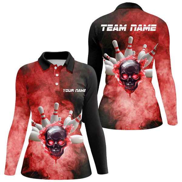 Black and Red Smoke Skull Bowling Jersey For Women Custom Bowling Polo, Quarter zip shirt Team Bowlers NQS8687