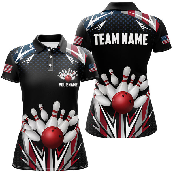 American flag Bowling Polo, Quarter zip shirts For Women Custom patriotic bowling team jerseys outfits NQS8689