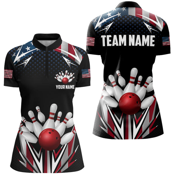 American flag Bowling Polo, Quarter zip shirts For Women Custom patriotic bowling team jerseys outfits NQS8689