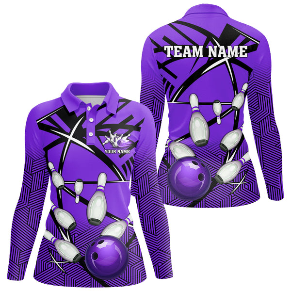 Personalized Bowling Shirts For Women, Team Bowling Jerseys Camo Bowling Ball and Pins | Purple NQS8915