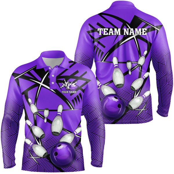 Personalized Bowling Shirts For Men, Team Bowling Jerseys Camo Bowling Ball and Pins | Purple NQS8915