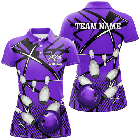 Personalized Bowling Shirts For Women, Team Bowling Jerseys Camo Bowling Ball and Pins | Purple NQS8915