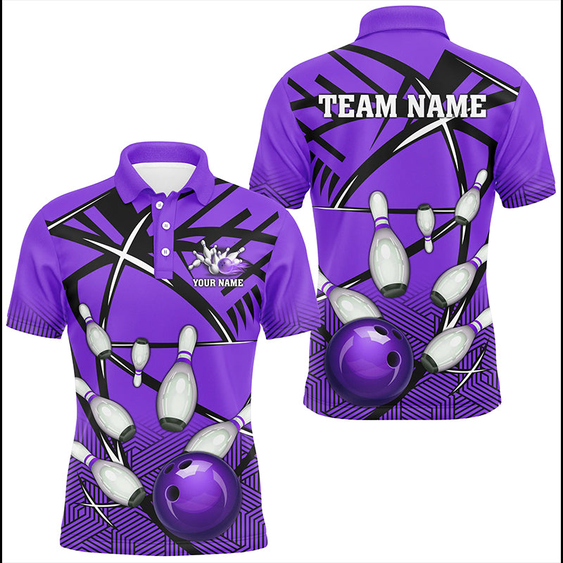 Personalized Bowling Shirts For Men, Team Bowling Jerseys Camo Bowling Ball and Pins | Purple NQS8915