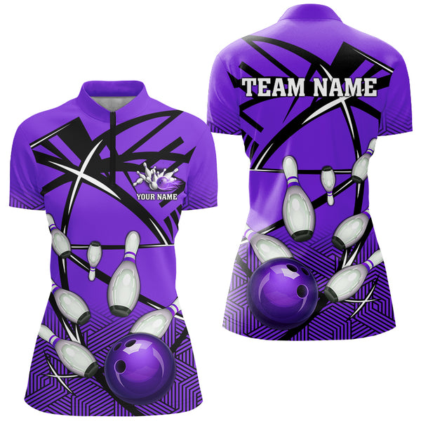 Personalized Bowling Shirts For Women, Team Bowling Jerseys Camo Bowling Ball and Pins | Purple NQS8915