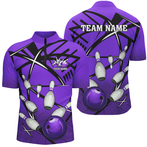 Personalized Bowling Shirts For Men, Team Bowling Jerseys Camo Bowling Ball and Pins | Purple NQS8915